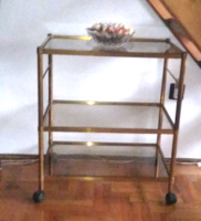 1960s Italian design copper, party cart with 3 glass shelves, rolling sideboard