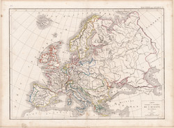 Európa térkép 1853, francia, atlasz, eredeti, 32 x 44 cm, Dussieux, Marlier, politikai, régi