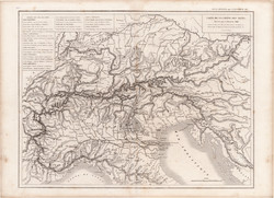 Alpok térkép 1846, francia, atlasz, eredeti, 32 x 45 cm, Európa, Dussieux, hegység, régi, olasz