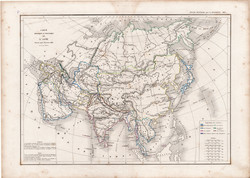 Ázsia térkép 1845, francia, atlasz, eredeti, 32x 45 cm, Dussieux, politikai, Kína, Boutan, Tibet