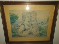 Náray Aurél(1883-1948) : Anya és gyermeke - nagyméretű antik festmény - 1 forintról, garanciával.