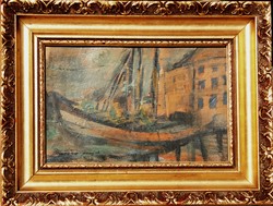 T.J.: Kikötői részlet - antik festmény keretezve