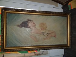 50x100+keret, olaj, vászon, Fáradt anya, gyermekével festmény