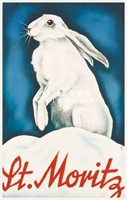 Vintage téli sport hirdetés reklám plakát reprint nyomat fehér nyúl nyuszi füles hó síelés Svájc