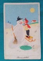 Téli hóemberes képeslap 1956 - Rajz: Réber László 