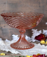 Régi üveg, talpas kínáló, gyümölcstál, asztalközép, préselt üveg, barack színű, rózsaszín
