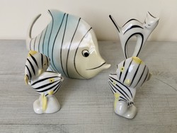 Hollóházi art deco porcelán figura csomag retro macska cica hal halak