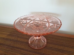 Régi üveg rózsaszín talpas kristály tál gyümölcskínáló vintage üvegtál