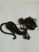 Fekete cica  zománcozott bross , nagyméretű.