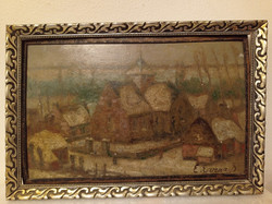 Antique snowy winter signed landscape in a frame oil wood fiber nr. 210