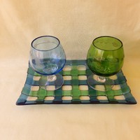Kék zöld csiszolt, üveg pohár, konyakos, boros pohár + üvegtálca (3 db)