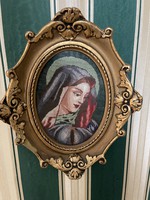 ​ Tű Gobelin kép. Szűz Mária és Jézus ​. 25cm x25cm  1930-as évekből ​