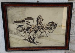 Benyovszky István kép színes rézkarc gyönyörű ló fogat,vàgtató lovak fogat