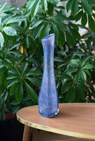 Retro karcagi (berekfürdői) fátyolüveg váza - lila kék színátmenetes irizáló repesztett üveg váza