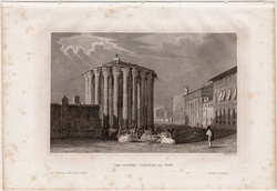 Róma, Vesta templom, acélmetszet 1861, Meyers Universum, eredeti, 10 x 16 cm, metszet, Olaszország