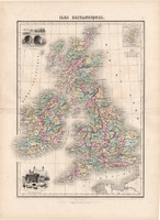 Brit szigetek térkép 1880, francia, atlasz, eredeti, 34 x 47 cm, Anglia, Írország, Wales, Skócia