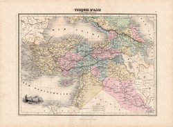 Törökország (Ázsia) térkép 1880, francia, atlasz, eredeti, 34 x 47 cm, régi, Migeon, Universelle