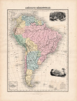 Dél - Amerika térkép 1880, francia, atlasz, eredeti, 34 x 47 cm, Argentína, Brazília, Uruguay, régi