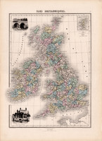 Brit szigetek térkép 1880 (2), francia, atlasz, eredeti, 34 x 47 cm, Anglia, Írország, Wales, Skócia