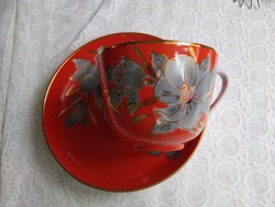 Extra nagy méretű retró ukrán piros porcelán teás szett, kézzel festett
