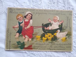 Antik litho/litográfiás, dombornyomott képeslap gyerekek, bébi, kacsák 1909-ből