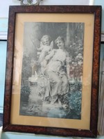 Réges-régi Zatzka nyomat/kép üvegezett fa keretben hölgy angyallal/puttóval