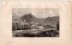 Merano, acélmetszet 1840, eredeti, 9 x 15, metszet, monarchia, Meran, Tirol, Bolzano, Olaszország