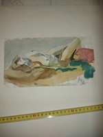 Szignós tus-akvarell festmény, 50x70-es karton-paszpartura, celluxal rögzítve, a '60-as évek végéből