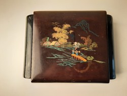 Antique oriental lacquer makeup box with painted scene