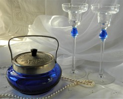 Blue glass bonbonier with silvered lid, glass candle holder pair, center set