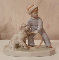 Zsolnay child with hoop and dog