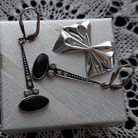 Antik ezüst, 925 ös,  jelzett fülbevaló, fekete onix kővel, pompás, elegáns darab