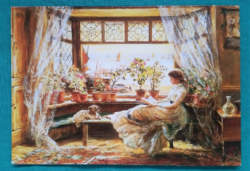 Romantikus művész képeslap - Charles James Lewis: Olvasás az ablaknál