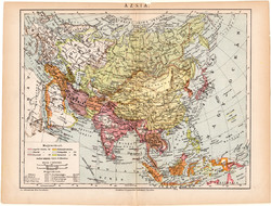 Ázsia térkép 1892 (2), eredeti, régi, Athenaeum, magyar, 24 x 31 cm, India, Kína, Tibet, politikai
