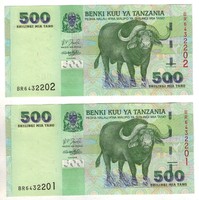 2x 500 shilingi 2003 Tanzánia UNC Sorszámkövető