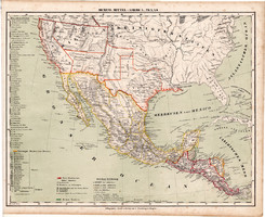 Közép - Amerika térkép 1857, eredeti, Berghaus, német nyelvű, atlasz, Mexikó, Honduras, Texas