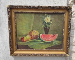 Table still life, melon, flowers painting, oil on wood