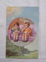 Antik grafikus gyerekmotívumos képeslap/üdvözlőlap gyerekek evés közben, nap