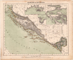 Dalmácia és Montenegró térkép 1857, eredeti, Berghaus, német nyelvű, Adria, tenger, Balkán