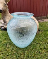 Gyönyörű színű türkiz 30 cm-es repesztett   Fátyolüveg fátyol karcagi berekfürdői üveg váza  Gyűjtői