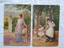 2 db antik művészlap/képeslap//üdvözlőlap anya lánya, anyák napja/anya gyermekével, virágcsokor