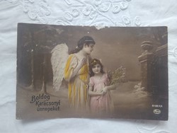 Antik, német, kézzel színezett fotólap/képeslap kislány/angyal, karácsony 1920
