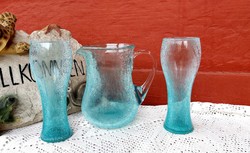 Gyönyörű ritka türkiz kancsó és 2 db pohár repesztett Fátyolüveg fátyol karcagi berekfürdői Gyűjtői