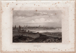 Rostock, acélmetszet 1861, Meyers Universum, eredeti, 10 x 15 cm, metszet, Németország, kikötő