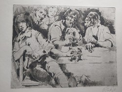 PITUK JÓZSEF RÉZKARC (40x60 cm) asztaltársaság, sokalakos fekete-fehér - Glatz Oszkár tanítványa
