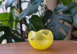 Retro Karcagi (Berekfürdői) fátyolüveg hamutál - erős sárga, citromsárga repesztett üveg hamutartó