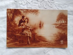Antik francia szépia, romantikus fotólap/képeslap pár, szerelem, hajó/vitorlás