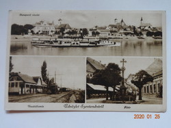 Régi képeslap: Üdvözlet Szentendréről - Dunaparti részlet, Vasútállomás, Főtér, 1940 körül
