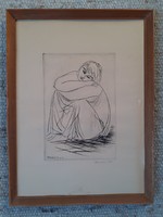 BORSOS MIKLÓS: Pihenő leány, rézkarc 1967 (női portré, hölgy arckép, fiatal, egyszerűség, báj)