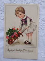 Antik grafikus gyerekmotívumos névnapos képeslap/üdvözlőlap kislány, taliga, virág, lóhere 1938